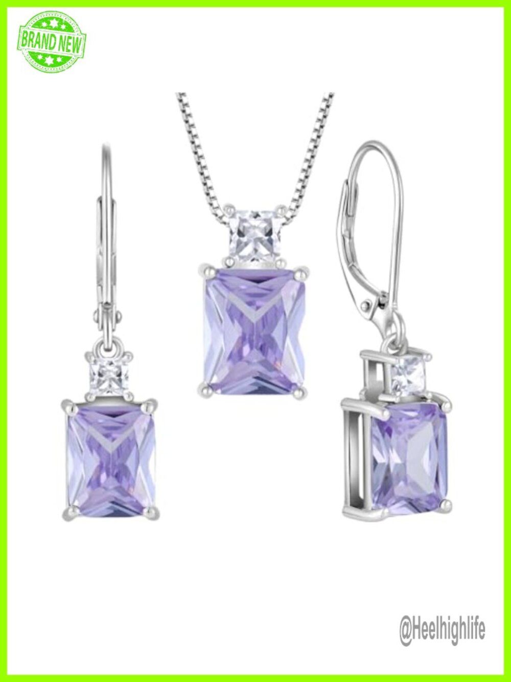 925 Sterling Silver Necklace Earrings Set Emerald Cut Alexandrite